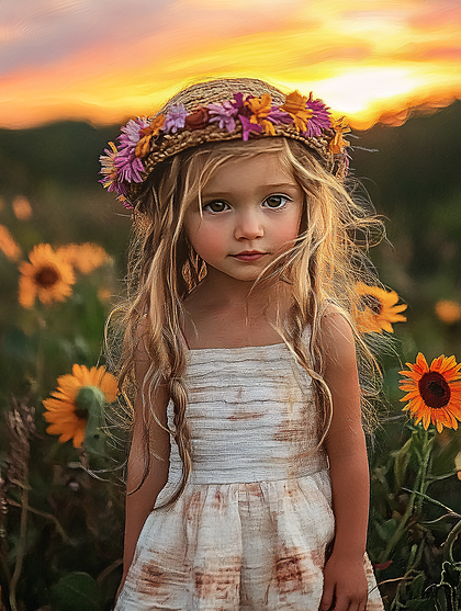 Little Girl in Sunflower Field at Sunset