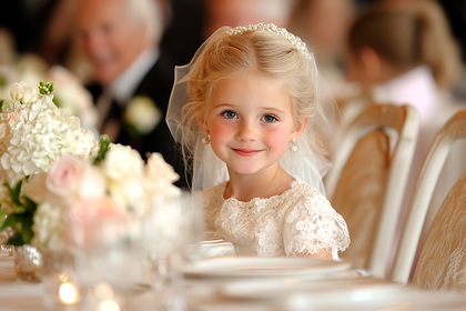 Little Girl in White Lace Dress and Veil