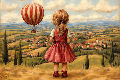 Little Girl Watching Hot Air Balloon Over Tuscany Landscape