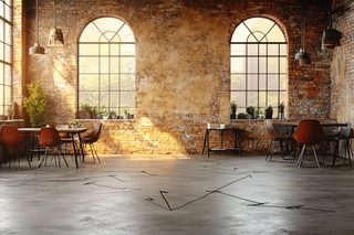 Loft Interior with Brick Walls and Geometric Floor Design