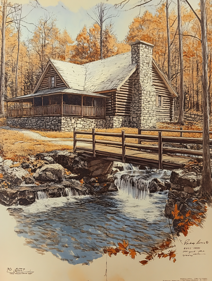 Log Cabin In Autumn Forest With Stream And Bridge