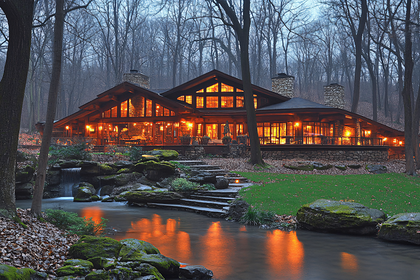 Log Cabin In Forest At Dusk