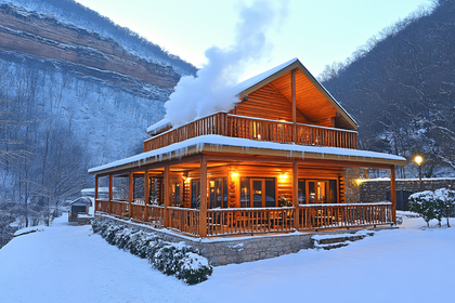 Log Cabin in Winter Evening