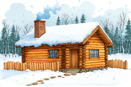 Log Cabin in Winter Snow