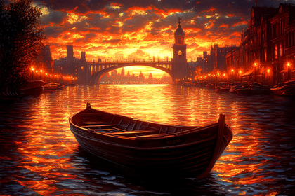 Rowboat on River Thames at Sunset in London