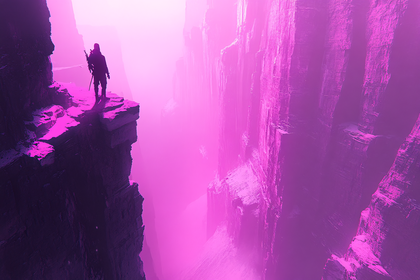 Lone Figure On Clifftop, Misty Canyon