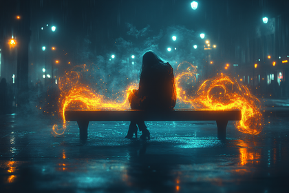 Lonely Figure on Bench with Glowing Swirls