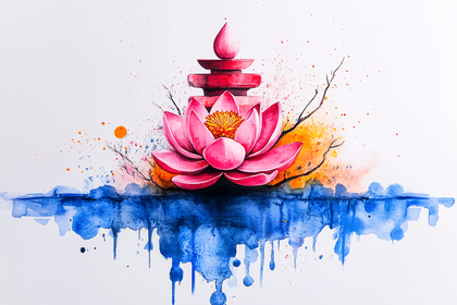 Lotus and Stacked Pots Watercolor