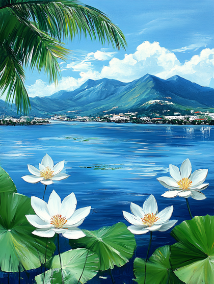 Lotus Flowers in a Mountain Lake