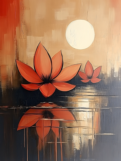 Lotus Flowers Reflection Under Moonlight