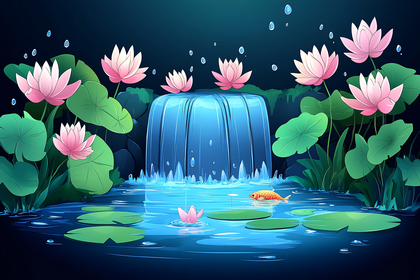 Lotus Pond Waterfall Night Scene