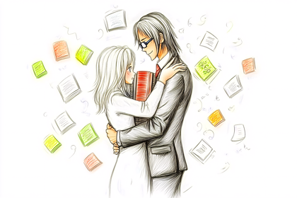 Anime Couple Hugging with Floating Papers