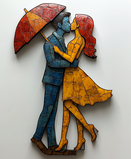 Lovers Kissing Under Umbrella