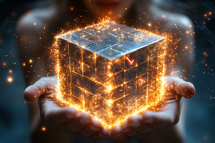Luminous Data Cube Held in Hands