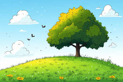 Lush Green Tree On Grassy Hill