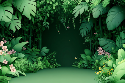 Lush Jungle Scene with Butterflies and Flowers