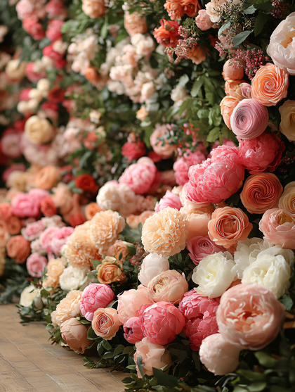 Lush Pink and Peach Rose Flower Wall