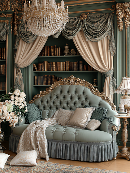 Luxurious Library Interior with Tufted Sofa