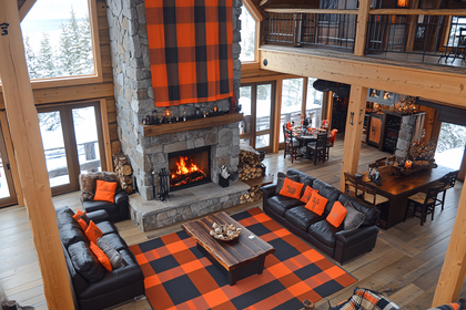 Luxury Log Cabin Interior With Fireplace