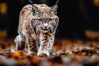 Lynx Prowling Through Autumn Leaves