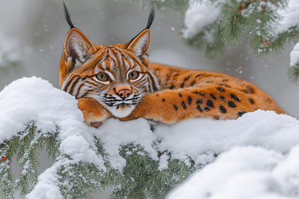 Lynx Resting on Snowy Branch