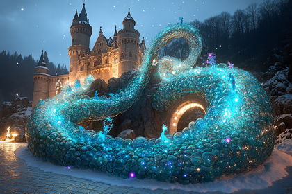 Magical Winter Castle With Luminous Dragon