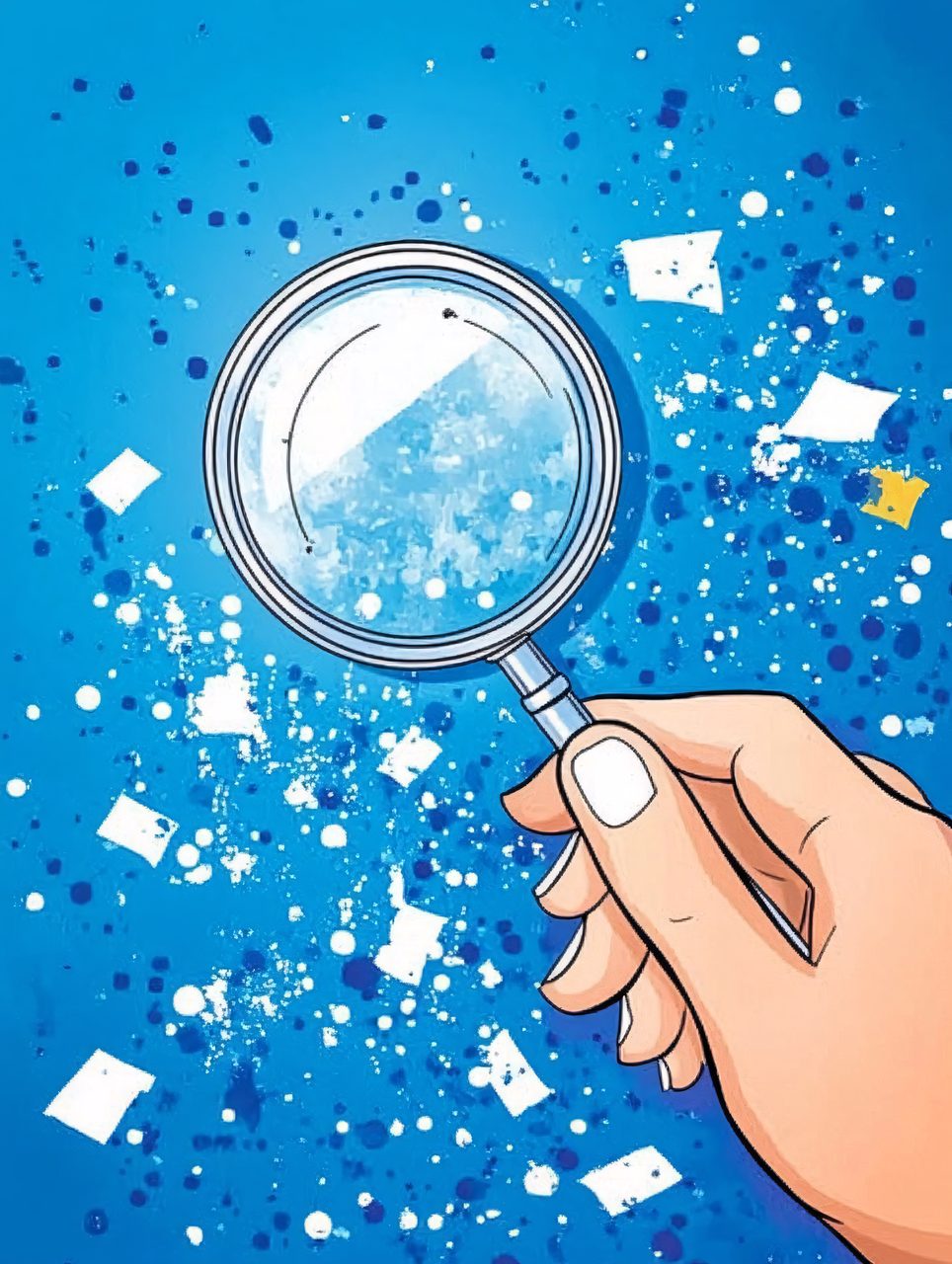Hand Holding Magnifying Glass Inspecting Scattered Papers Vector