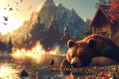 Majestic Bear and Cub Slumbering by Mountain Lake