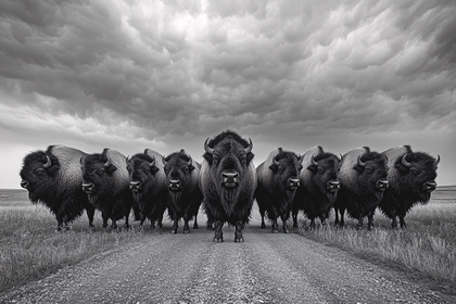 Majestic Bison Herd on Dusty Road