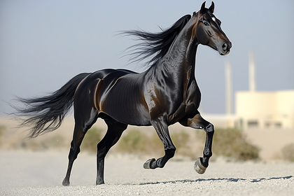 Majestic Black Horse Galloping on Sandy Terrain
