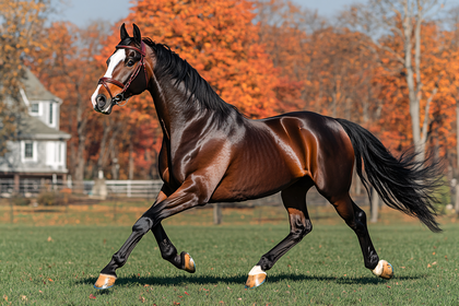 Majestic Brown Horse Galloping in Autumn Field
