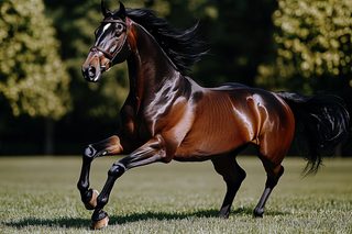 Majestic Brown Horse Galloping In Green Field