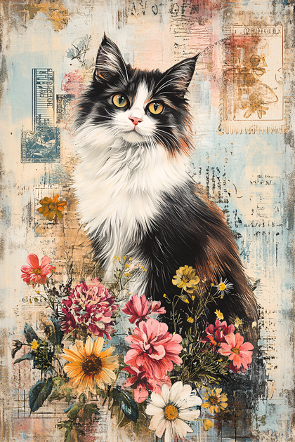 Majestic Cat Amidst Vintage Florals