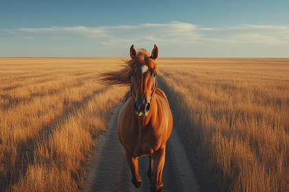 Majestic Chestnut Horse Galloping in Golden Field