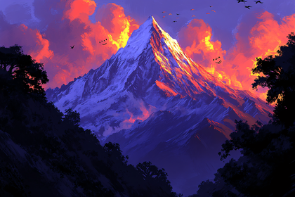 Majestic Mountain Sunset With Smiley Clouds