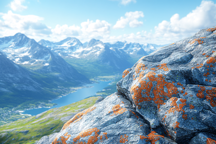 Majestic Mountain Vista With Lichen Covered Rock