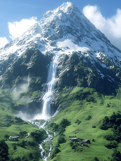 Majestic Mountain Waterfall and Green Village