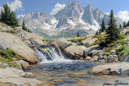 Majestic Mountain Waterfall with Rainbow