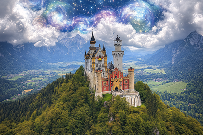 Majestic Neuschwanstein Castle Under Starry Galaxy