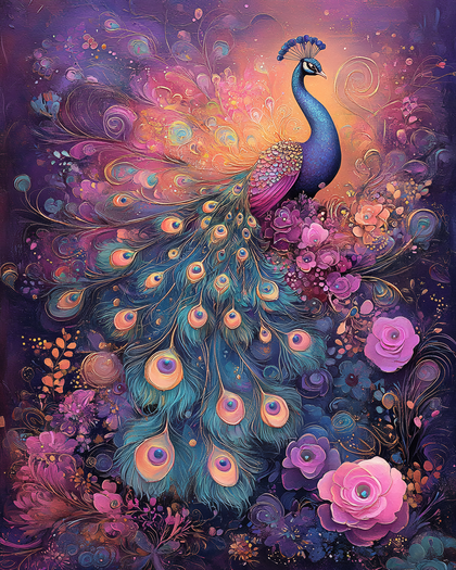 Majestic Peacock Amidst Floral Splendor