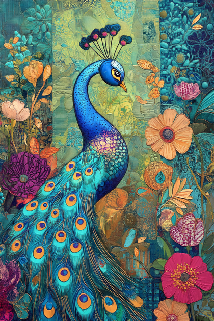 Majestic Peacock Amongst Floral Tapestry