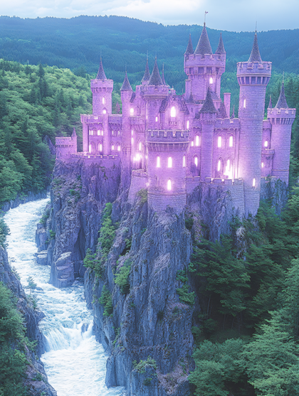 Majestic Purple Castle on Cliffside River
