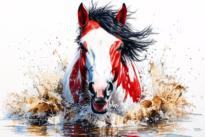 Majestic Red And White Horse Splashing In Water