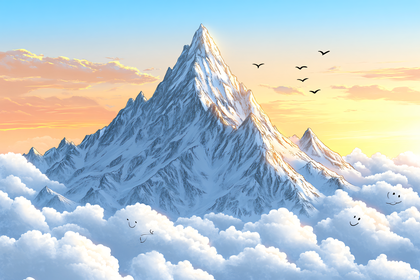 Majestic Snowy Mountain Peak Above Smiling Clouds