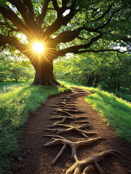 Majestic Sunlight Through Ancient Tree Roots Path
