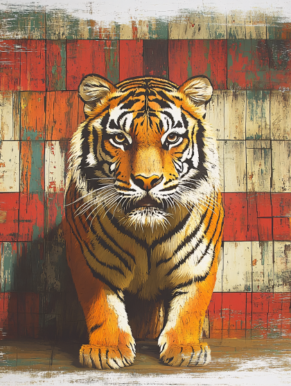Majestic Tiger Portrait on Wooden Plank Background