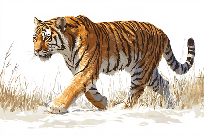 Majestic Tiger Walking in Winter Grass