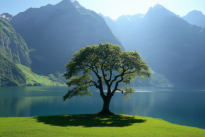 Majestic Tree by Lake With Mountains