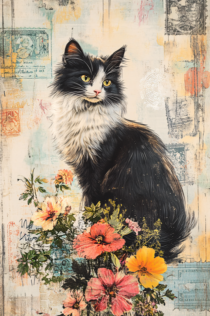 Majestic Tuxedo Cat Among Vintage Floral