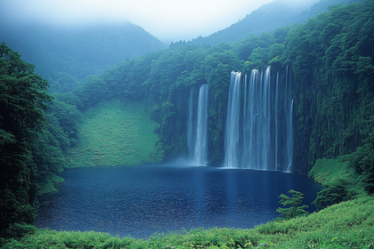 Majestic Waterfall Cascading into Blue Lake